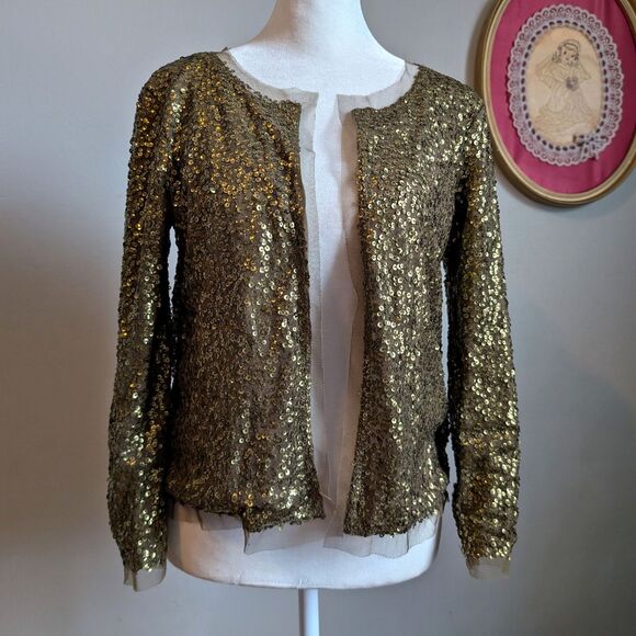 J. Crew Sequin Cardigan Gold Mesh Metallic Open Evening Size XS - Picture 1 of 11